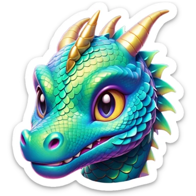 Cinematic Cute Dragon Portrait Emoji, Head tilted playfully and inquisitively, with a sleek, serpentine body adorned in iridescent scales and a charming, expressive face featuring subtle, delicate horns, round, sparkling eyes brimming with curious magic, Simplified yet irresistibly adorable features, highly detailed, glowing with a warm, enchanting glow, high shine, affectionate and mystical, stylized with a touch of whimsical fantasy, soft glowing outline, capturing the essence of a mischievous yet loving dragon that feels like it could slither out of the screen into your arms! sticker