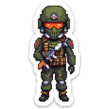 armed figure in all-black military clothing, shiesty mask, and helmet sticker