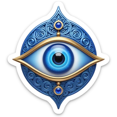 Cinematic Realistic depiction of a classic Evil Eye talisman, rendered with intricate details and vibrant blue hues, set against a soft, ethereal backdrop that underscores its protective symbolism sticker