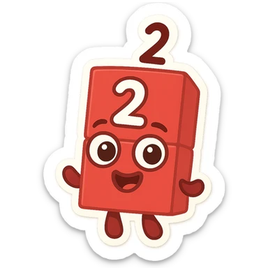 Numberblock 2, two red blocks stacked vertically, big eyes, number 2 visible, cheerful expression, for children, cartoon style sticker