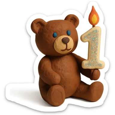 brown teddy holding sparkly number "1" candle, claymation style, transparent background sticker