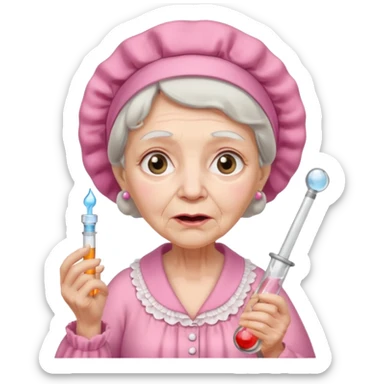 sick old woman with glass thermometer on her mouth pink night gown, pink bonnet on her head sticker