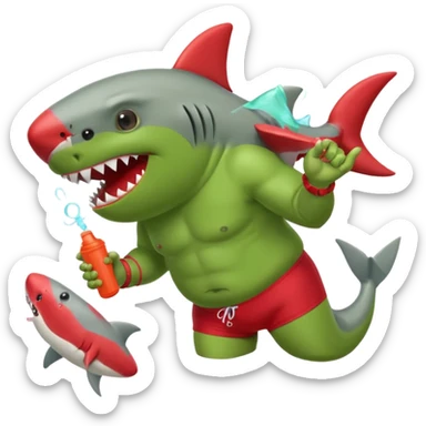 orc male in shark floatie, blowing whistle. Red swim trunks sticker