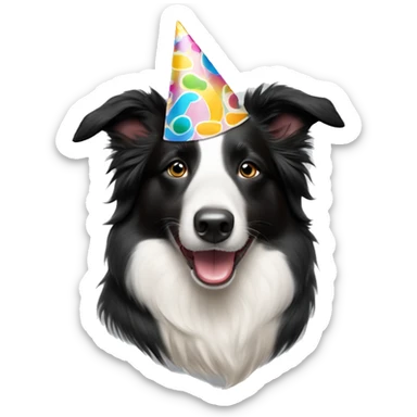 A  happy Australian Border Collie with a half-black, half-white face wearing a Birthday Party Hat.  sticker