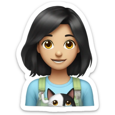 smiling girl with black hair with cat  sticker