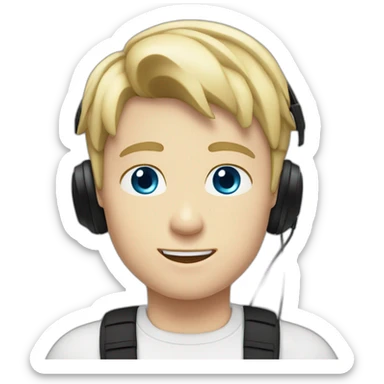 A blond short haired boy blue eyes with a black tank shirt and a black headset sticker
