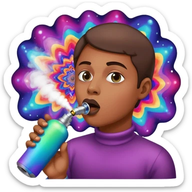 Emoji-style face inhaling from Galaxy Gas nitrous oxide canister, mouth on nozzle, kaleidoscope psychedelic eyes, colorful vapor swirling sticker