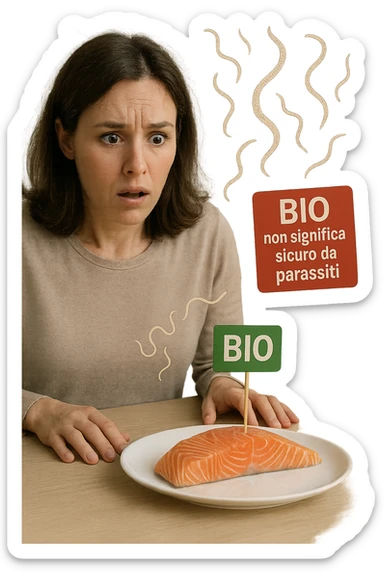 Donna tra i 30 e i 40 anni, seduta a tavola con espressione sorpresa e preoccupata mentre guarda un piatto elegante di salmone crudo etichettato 'BIO'. In trasparenza sopra il salmone si vedono parassiti intestinali stilizzati, come larve o vermi sottili, fluttuanti nell’aria. Accanto al piatto, una scritta fluttuante in stile etichetta rossa avverte: 'BIO non significa sicuro da parassiti'. Atmosfera visivamente pulita ma con tensione sottile, colori realistici con accento sul contrasto tra immagine 'salutare' e minaccia invisibile sticker