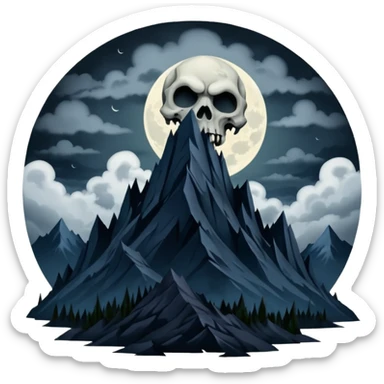 A dark and evil mountain range with a creepy moon and clouds over head. In the style of your bleeding skull art sticker