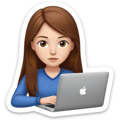 white girl with long brown hair using a laptop, focused expression sticker
