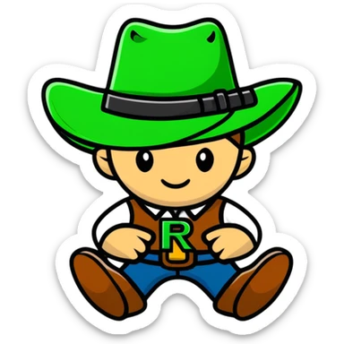 Cowboy character with green cowboy hat and letter R sticker