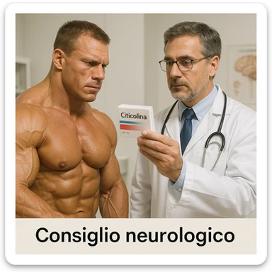hyper realistic bodybuilder consulting neurologist holding Citicolina, sculpted muscles, doctor in white coat, text 'Consiglio neurologico', clinical atmosphere, light background sticker