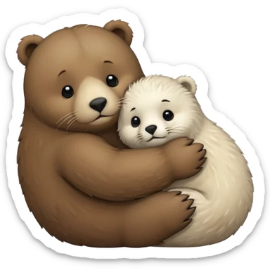 small white seal hugging a big brown bear sticker