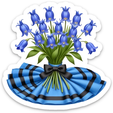 A lush bouquet of bright blue color bluebell black satin ribbon, , with a pale yellow and pink plaid pattern table cloth sticker