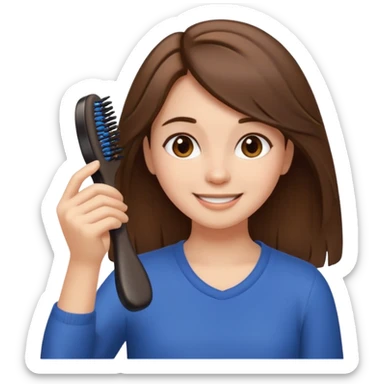 happy girl with medium-length brown hair brushing her hair, clean and cute, iPhone emoji style sticker