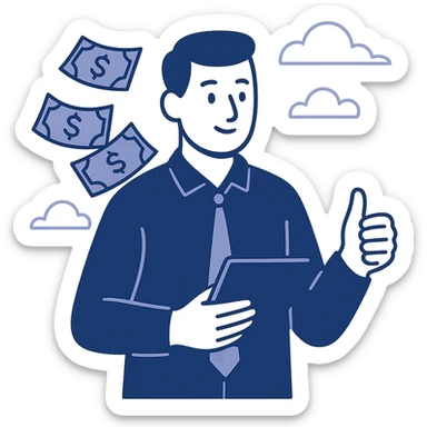 a trader with dollar bills flying behind him, flat modern style, Middle Eastern trading theme sticker