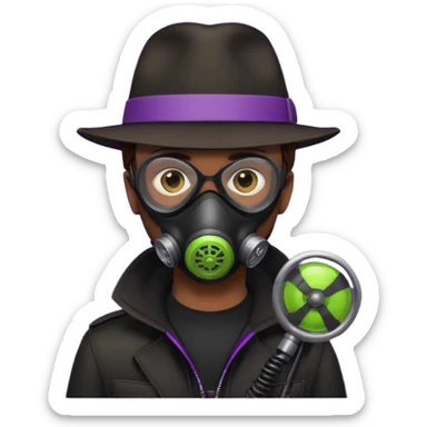 Male Hacker with a fedora with brown hair wearing a gasmask. Color scheme is black, lime-green and purple sticker