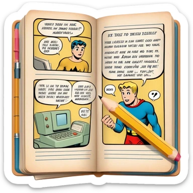 Create a detailed emoji representing the process of writing texts for comic books. The design should feature a large, open comic book with vintage comic strips visible on its pages. A pencil should be shown writing text on one of the comic panels, but without a hand. The pencil should appear as though it is actively creating the dialogue or narration. Use a classic color palette with muted tones for the comic book and brighter accents on the pencil to draw attention to the writing process. Do not include any emojis or smiley faces. Make the background transparent. sticker