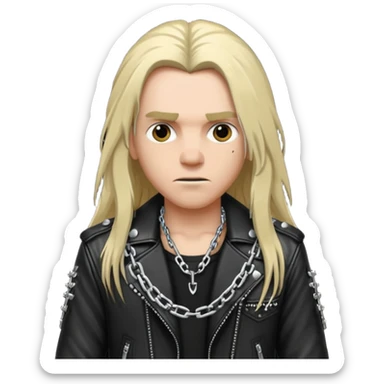A fan of heavy extreme music, a metalhead in chains with rivets on a leather jacket sticker