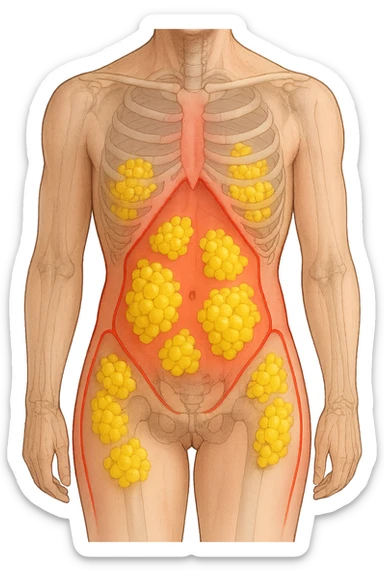 corpo umano anatomico con addome e fianchi segnati in rosso, grappoli di cellule adipose gialle su fianchi e addome sticker