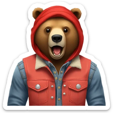 grizzly bear wearing sleeveless jean jacket and red bandana around head with open mouth sticker