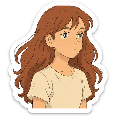 ghibli style adolescent girl with long wavy hair, freckles, long eyelashes, white top, no background sticker