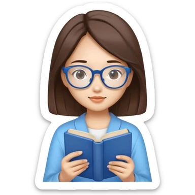 pretty asian girl reading a blue book white glasses brown hair sticker