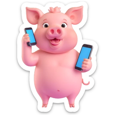 John Pork, pig with a human body, holding a phone, playful expression, 3D emoji style sticker