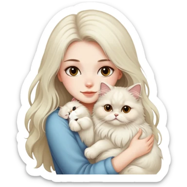 pretty girl with DARK long hair hugging her light hair fluffy persian cat  sticker