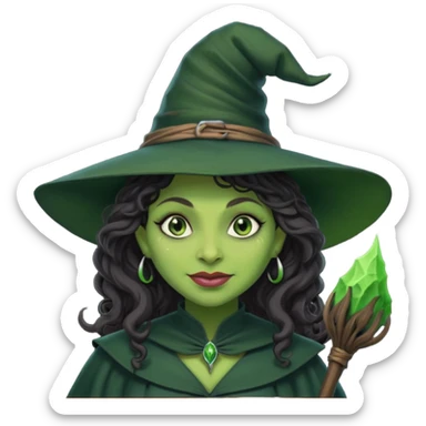 elphaba the wicked witch from wicked movie (cynthia erivo) dark long curly hair, thick lips, wide nose, green skins, witch hat, witch broom, evil, wicked musical film, evil smirk sticker