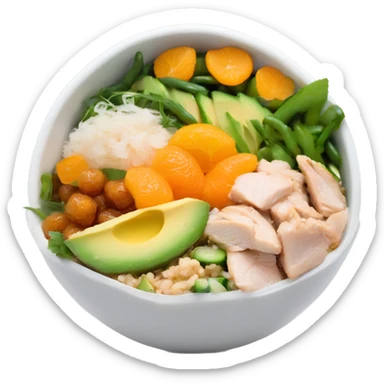 Poke bowl with chicken, cut avocados, mandarins, cucumbers and green beans; side view sticker