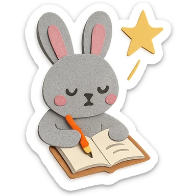 gray bunny writing in notebook with spark of light, paper-craft style sticker