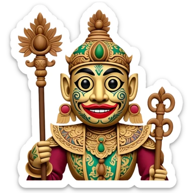 Golek Ayun-ayun – Cinematic Realistic Wayang Golek Ayun-ayun, depicted as an intricately carved traditional wooden puppet with vibrant painted details and expressive features, set on a dimly lit stage with dramatic shadows that evoke centuries of Indonesian theatrical heritage, rendered with lifelike textures and subtle ambient glow. sticker