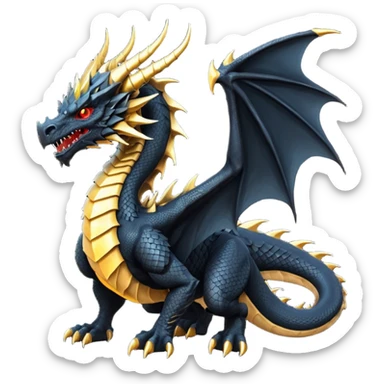 Massive ancient black dragon with obsidian scales, scarred powerful wings, glowing gold eyes, long curved horns, spiked neck ridges, and a brutal morningstar tail. Intimidating, muscular, regal presence. sticker
