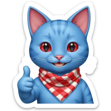 A Cute Blue Cat smiling and giving thumbs up, wearing red Checkered Triangle scarf sticker