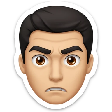 emoji de un joven, con cejas gruesas que parece enojado, nariz medio grande, hombros anchos, sin sonrisa, hombros anchos, cabello medio ondulado con un corte juvenil, cabello negro. ojos negros. sticker
