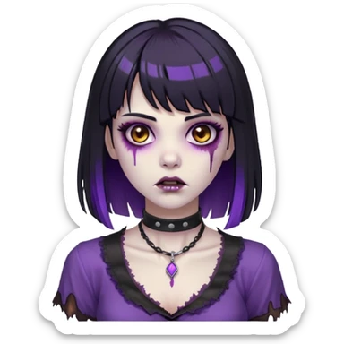 zombie with black hair long and bangs and purple highlights brown eyes and a choker around her neck and a black blouse sticker