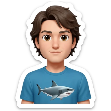 a handsome man with medium hair wearing a t-shirt with a shark image on it. sticker