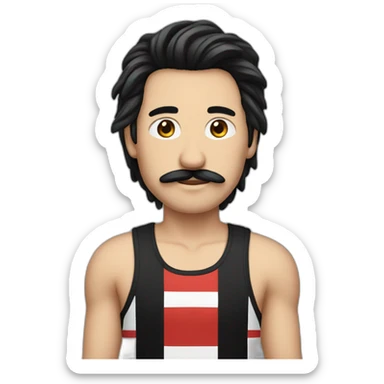 male with long black hair, moustache and striped black and red tank top sticker