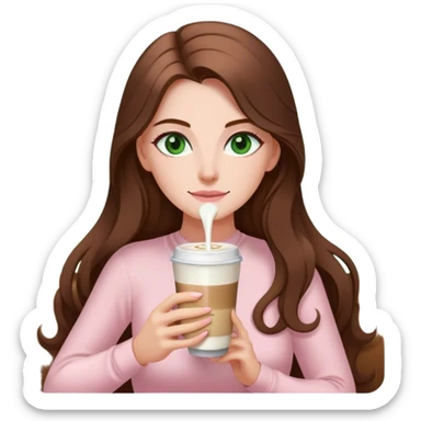 pretty woman with very long brown hair and green eyes and light pink outfit drinking a latte sticker