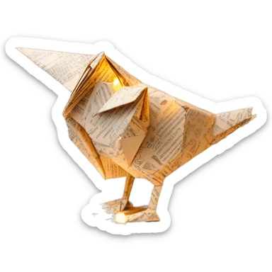 Sparkling patterned Beige Origami bird made of newspapers intricate patterns surrounded by fairy lights sticker