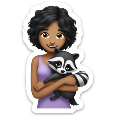 the girl with black hair and pretty smile hug a racoon sticker