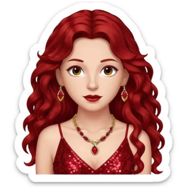 Chappell Roan, Pop Singer (b.1998) with long dark red wavy hair, red sequin dress and necklace sticker