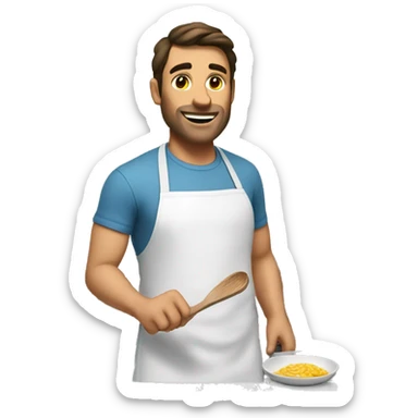 a white brunet man is cooking sticker