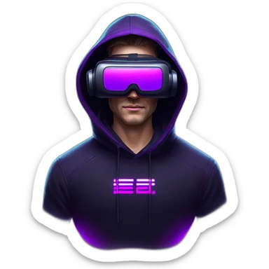 Russian man in the black hoody with violet letters "OMG VR" on it wearing vr headset. Cyberpunk style. Violet neon. sticker