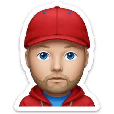 Fred Durst with dark blonde hair, blue eyes, red outfit and cap sticker