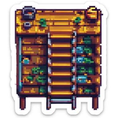 video game level with platforms, ladders, and coins in pixel art style sticker