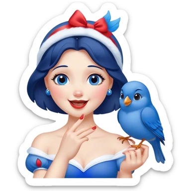 Cinematic Adorable Snow White Portrait Emoji, Giggling as a bluebird perches on her finger, cheeks rosy with joy, bright expressive eyes full of wonder, her innocence and beauty blending into a heartwarming moment! sticker