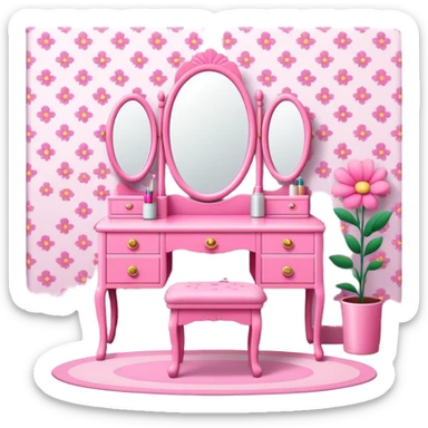 Pink bedroom with a flower wallpaper and a 90s vanity  sticker