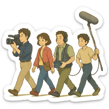 a flim crew, walking from left to right across frame: a cameraman, and a microphone operator sticker